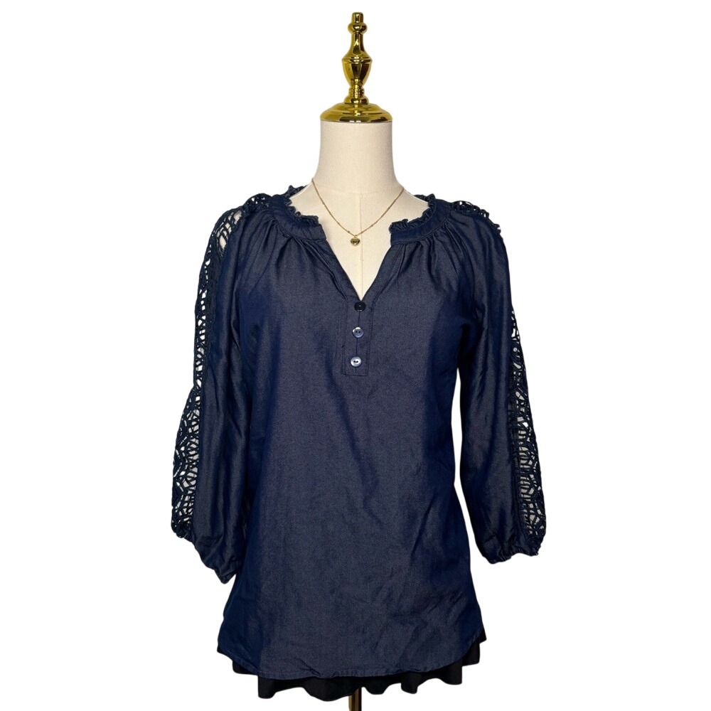unique spectrum navy blue long sleeve blouse vneck ruffle cottagecore boho chic